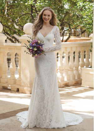 Long Sleeve V Neck Ivory Lace V Back Wedding Dress